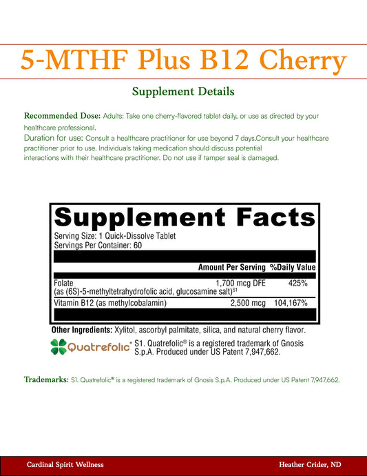5-MTHF Plus B12 Cherry 30 Tablets, methylfolate, genetic detox, fertility, brain fog