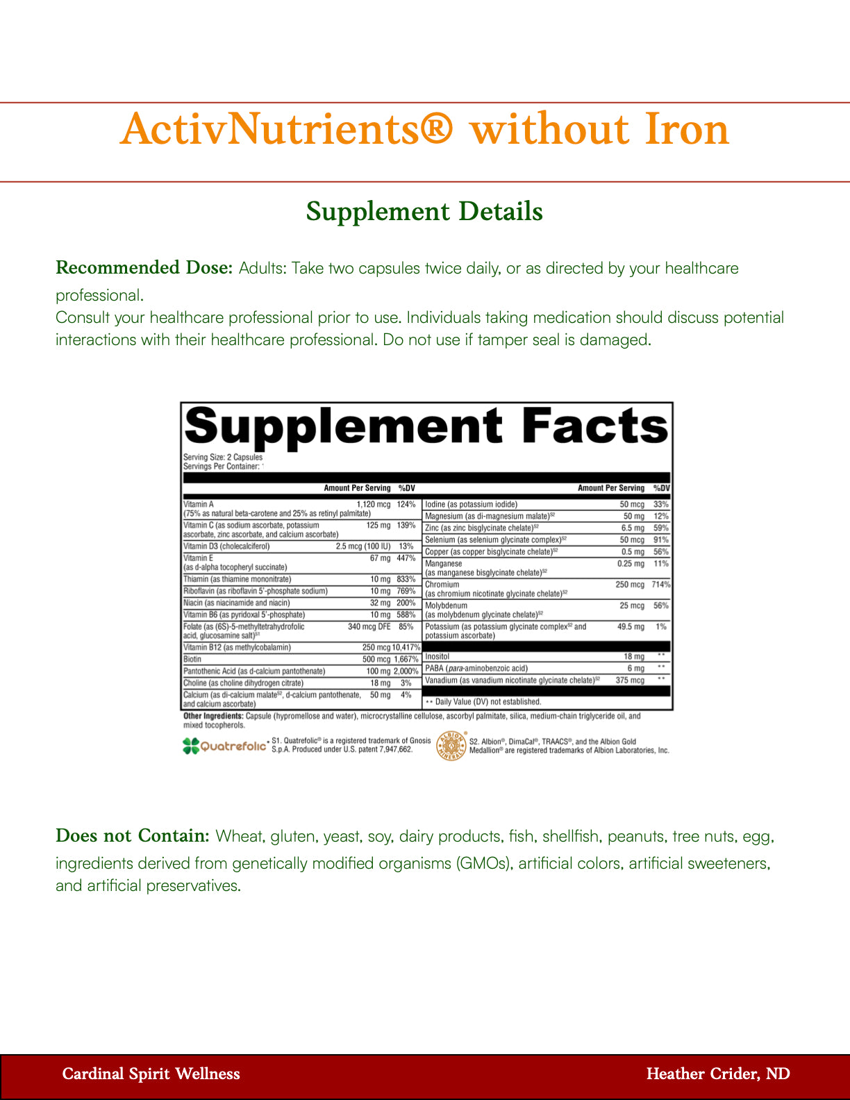 ActivNutrients® without Iron 120 Capsules