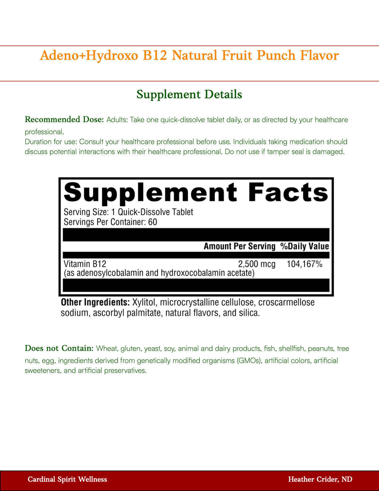 Adeno+Hydroxo B12 Natural Fruit Punch Flavor 60 Tablets, B12 for nerve health