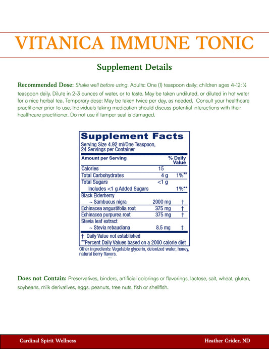 Immune support tonic with echinacea angustifolia root, Echinacea purpurea root, stevia leaf extract, and black Elderberry, sambucas nigra