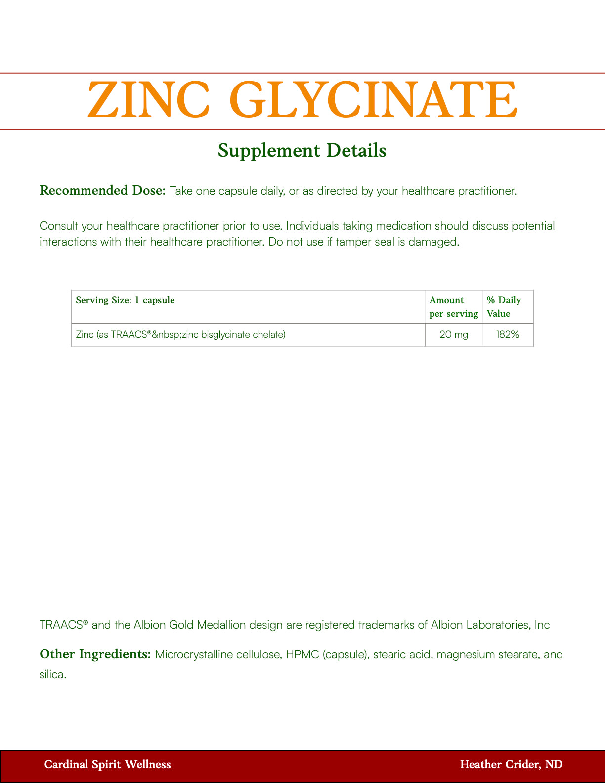Zinc Glycinate 120 Capsules