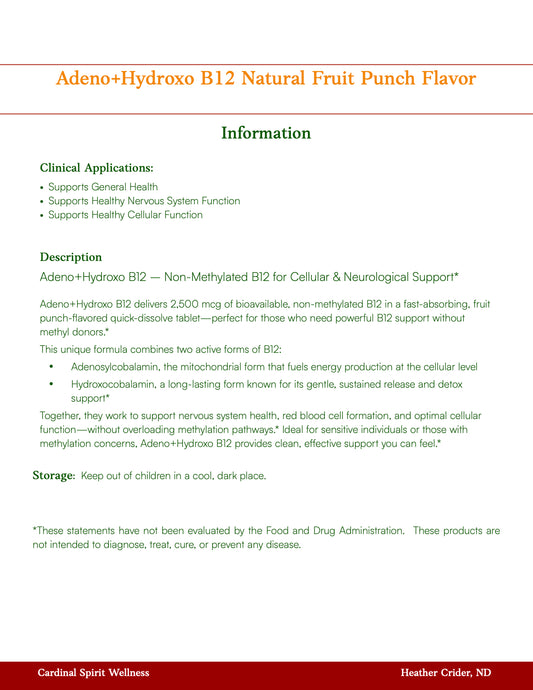 Adeno+Hydroxo B12 Natural Fruit Punch Flavor 60 Tablets, B12 for nerve health