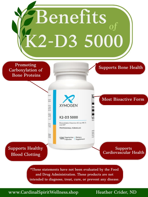 benefits of K2 D3, supports bone health, promoting carboxylation of bone proteins, supports cardiovascular health, supports healthy blood clotting. Cardinal Spirit Wellness, Heather Crider