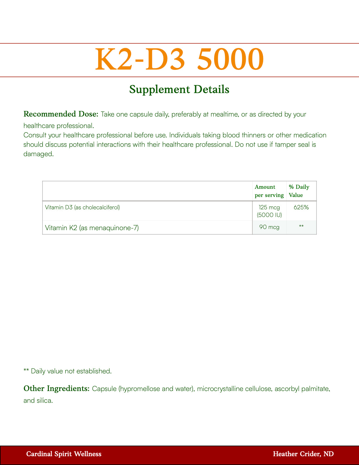 K2-D3 5000, Vitamin K2 as MK-7, cardinal spirit wellness, Heather Crider