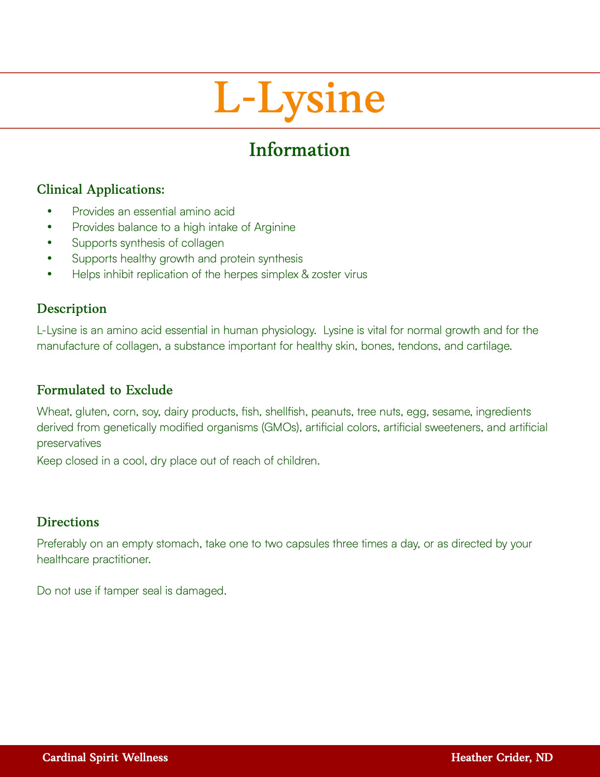 L-Lysine 1,000 mg high potency immune and antiviral support
