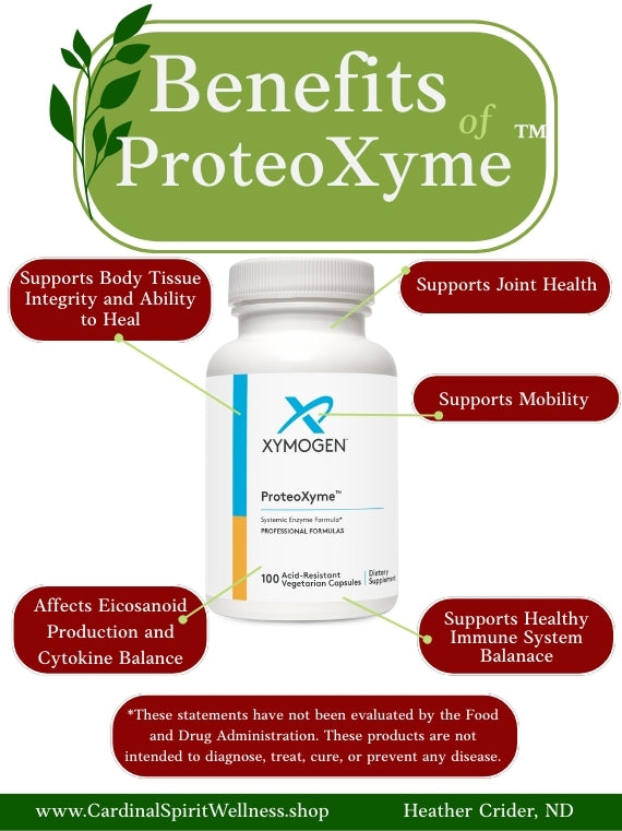 ProteoXyme supports joint health, supports body tissue integrity and ability to heal, supports mobility, supports healthy immune system balance, and affects eicosanoid production and cytokine balance