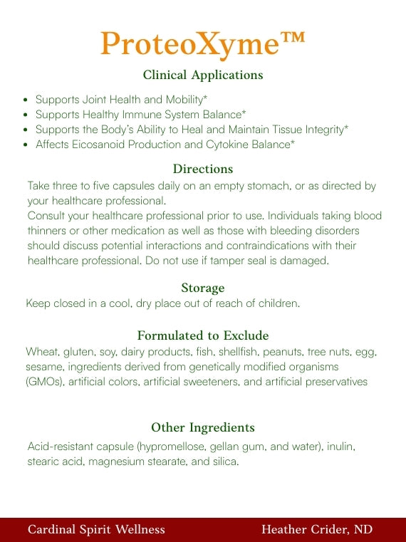 Proteoxyme directions and helps with joint mobility, supports healthy immune system balance, supports the body's ability to heal and maintain tissue integrity, and affects eicosanoid production and cytokine balance.