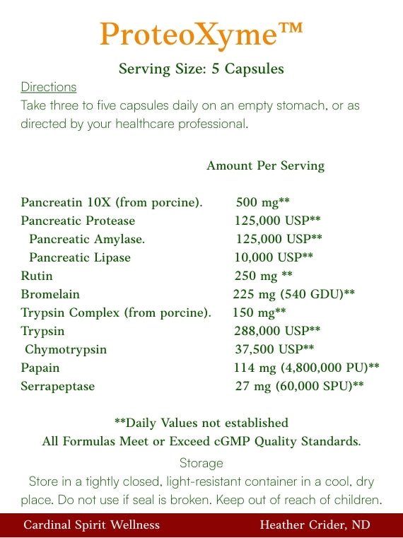 Proteoxyme contains enzymes such as pancreatin, protease, amylase, lipase, rutin, bromelain, trypsin complex, trypsin, chymotrypsin, papain, and serrapeptase.