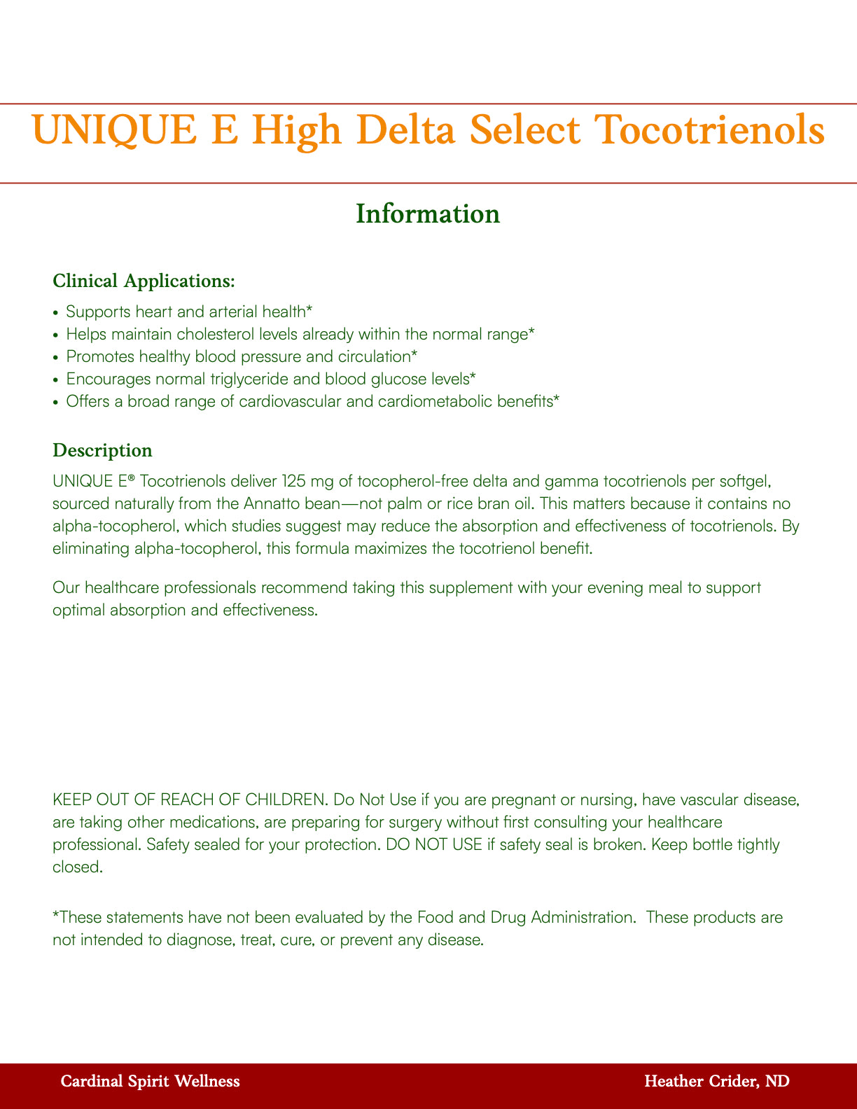 UNIQUE E High Delta Select Tocotrienols 90 Softgels, Tocopherol-Free Vitamin E for Heart & Metabolic Health