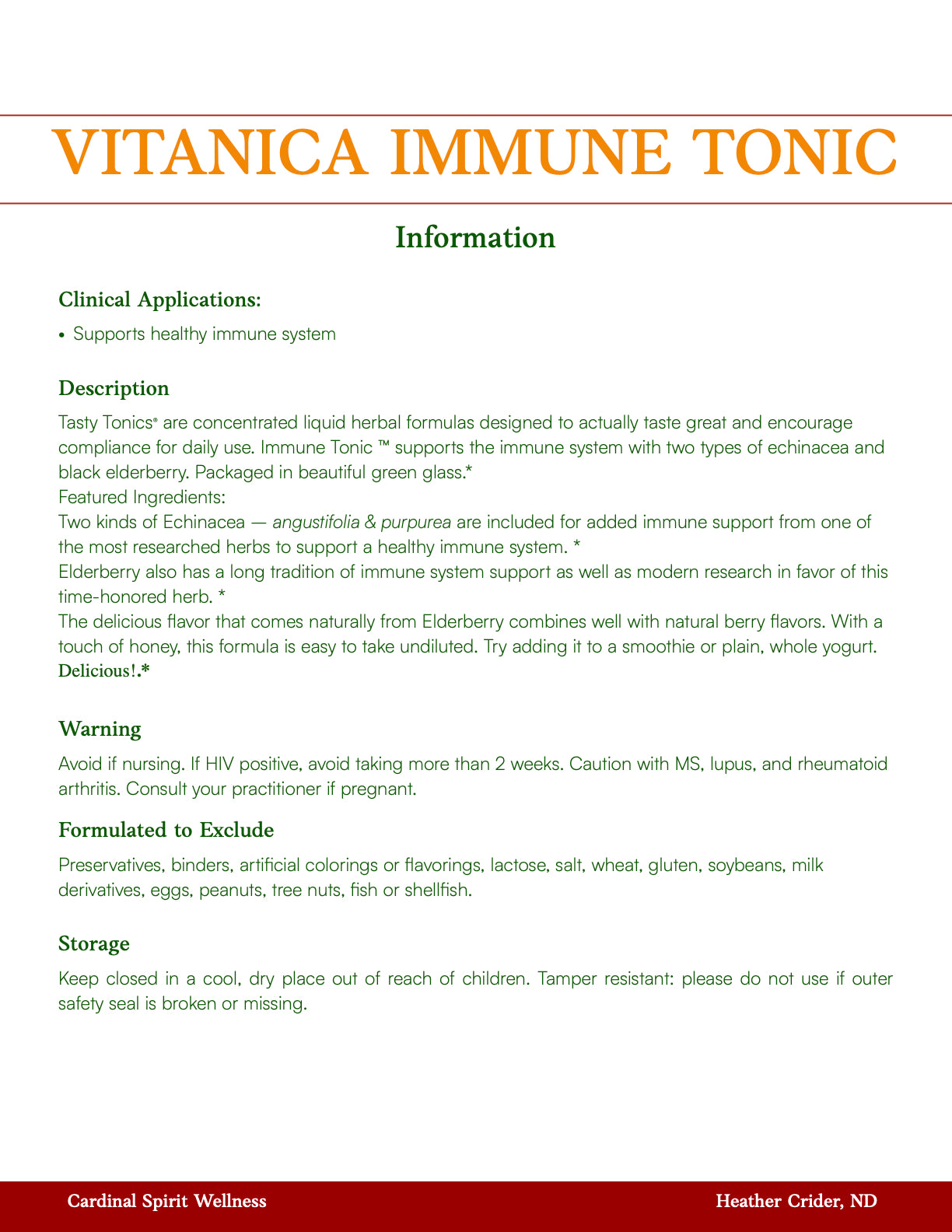 Immune support tonic with echinacea angustifolia root, Echinacea purpurea root, stevia leaf extract, and black Elderberry, sambucas nigra