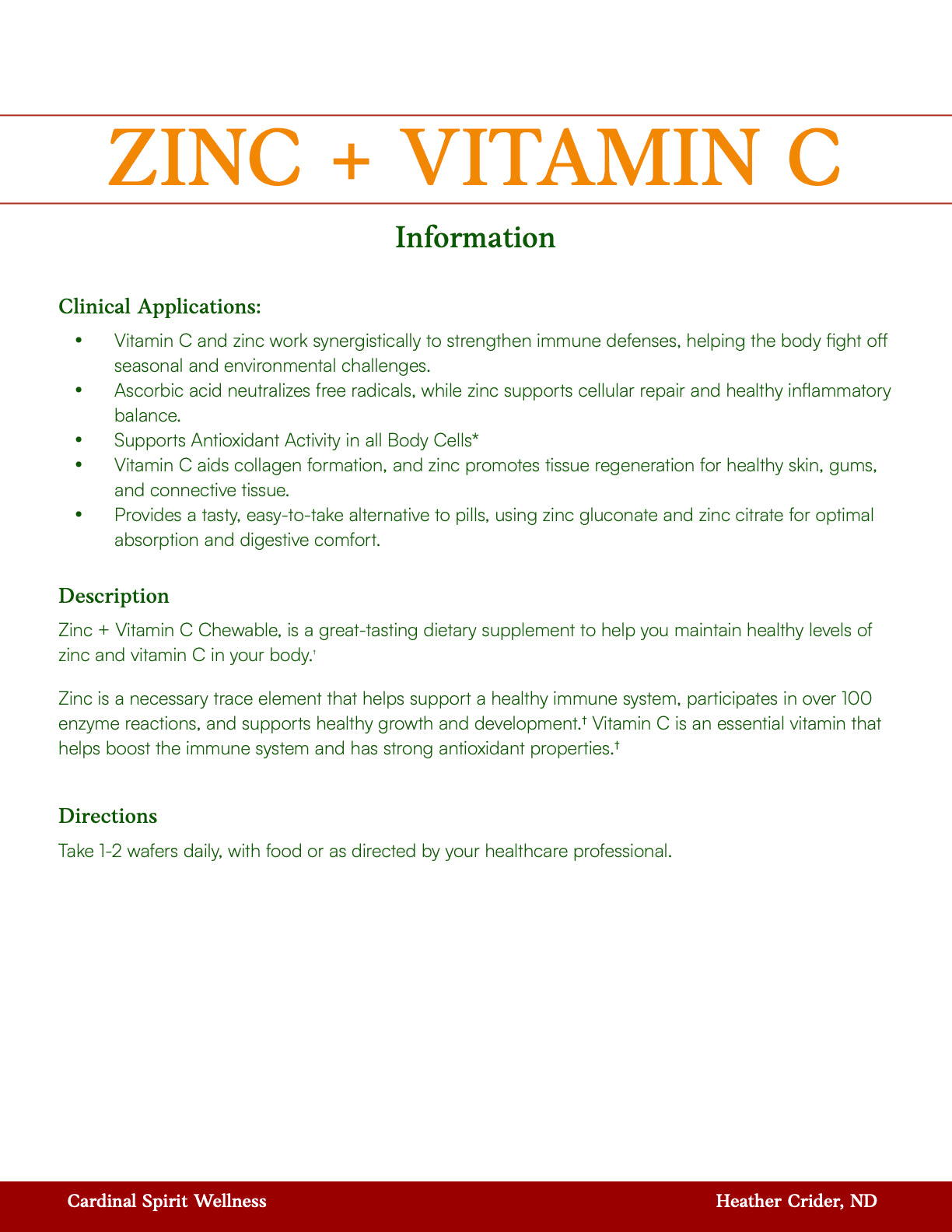 Zinc + Vitamin C Chewable Raspberry Flavor 60 Chewable Wafers